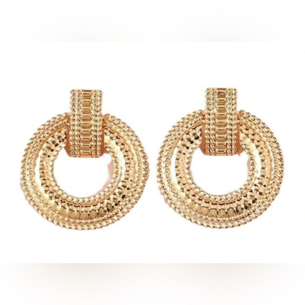 Gold Textured Drop Circle Earrings